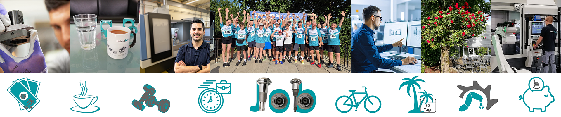 job header with different images of the premises and heimatec team. Additionally icons with the different job beenfits the employees can use